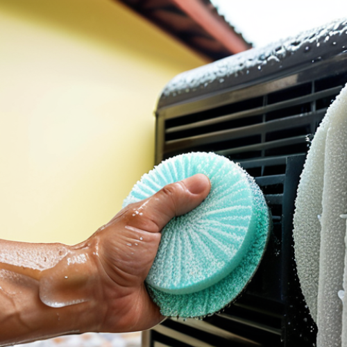 Home 11 **
`A close-up shot of a hand carefully cleaning a foam air compressor filter with soapy water in a bright, sunny outdoor setting. The filter is slightly dirty, and the water is bubbly. Focus on the texture of the foam and the water droplets. In the background, a typical Malaysian house can be subtly seen.`
**