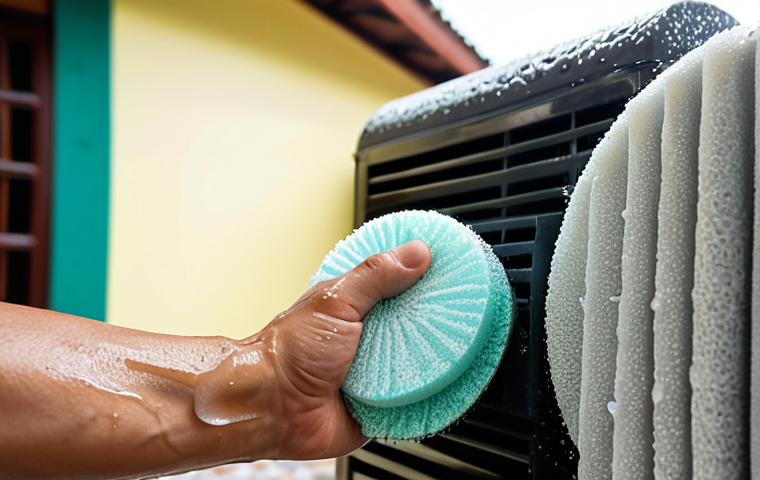 **
`A close-up shot of a hand carefully cleaning a foam air compressor filter with soapy water in a bright, sunny outdoor setting. The filter is slightly dirty, and the water is bubbly. Focus on the texture of the foam and the water droplets. In the background, a typical Malaysian house can be subtly seen.`
**