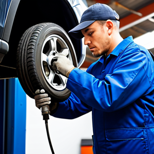 Home 6 A professional male mechanic, fully clothed in a modest work uniform, expertly using a pneumatic impact wrench on a car wheel. The setting is a clean, well-organized automotive workshop with various tools in the background, illuminated by bright overhead lights. The mechanic is captured in a natural pose, demonstrating perfect anatomy, well-formed hands, and correct proportions. Appropriate attire, safe for work, professional photography, high quality, appropriate content.