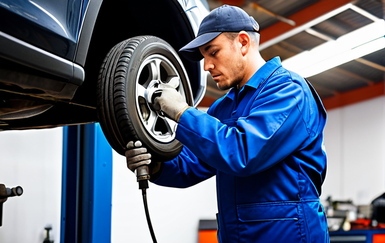 A professional male mechanic, fully clothed in a modest work uniform, expertly using a pneumatic impact wrench on a car wheel. The setting is a clean, well-organized automotive workshop with various tools in the background, illuminated by bright overhead lights. The mechanic is captured in a natural pose, demonstrating perfect anatomy, well-formed hands, and correct proportions. Appropriate attire, safe for work, professional photography, high quality, appropriate content.